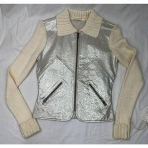 NWT-Phosphorus Silver Leather Jacket With White Sweater Sleeves & Collar  Sz - S